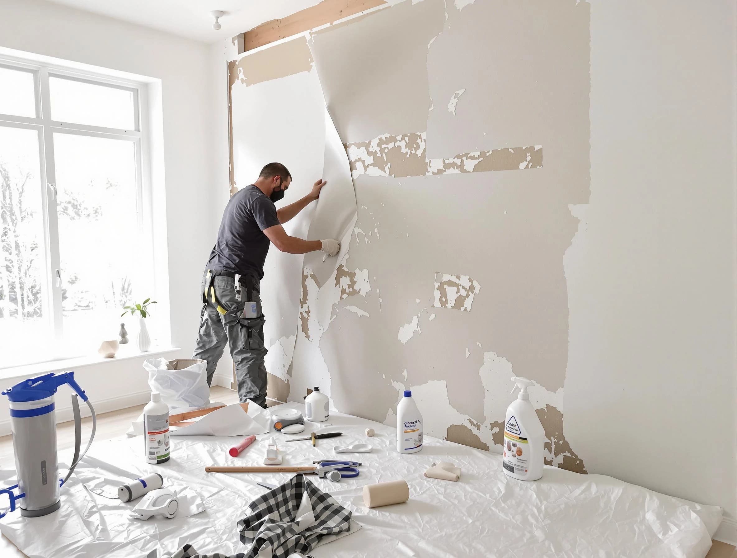 North Olmsted House Painters technician removing wallpaper in North Olmsted, OH